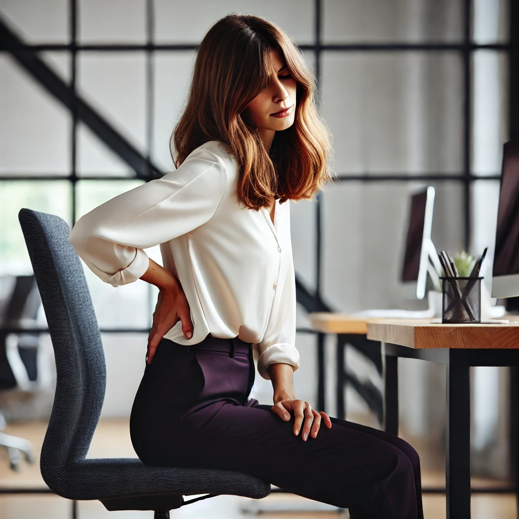 Business Frau auf einem Bürodrehstuhl am Schreibtisch mit Rückenschmerzen