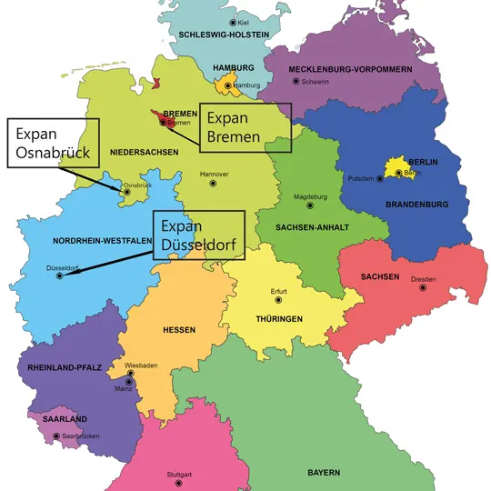 Karte der Mitte und dem Norden von Deutschland mit den Standorten von Expan Büromöbel GmbH 
