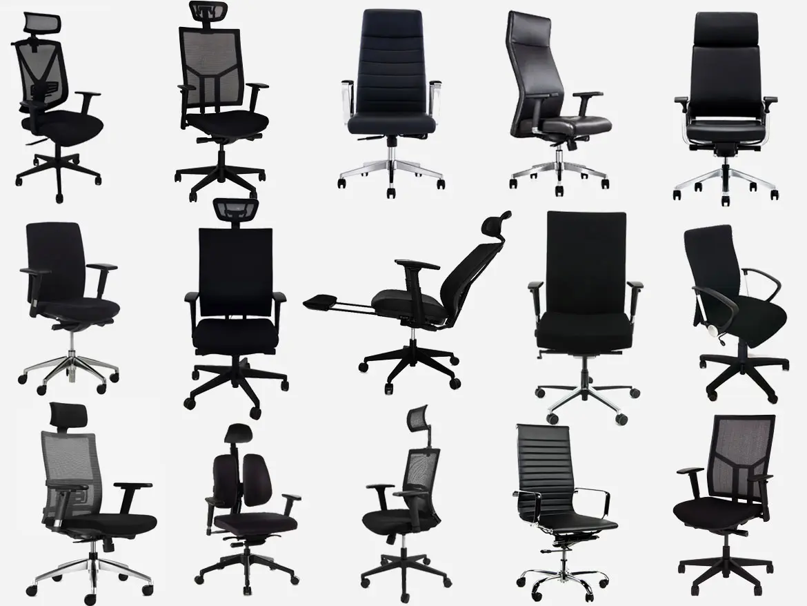 15 verschiedene Bürodrehstühle als Collage auf einem Bild